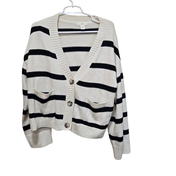 H&M Striped Cardigan Sweater Women’s M Ivory Black Button Front - Picture 1 of 8
